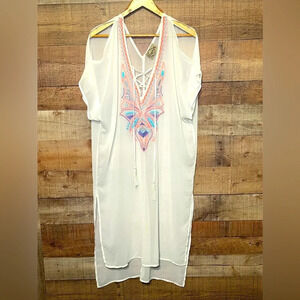 🌻 DeJaVu Sheer Open Shoulder Embroidered Cream Swim Cover-Up Women’s size Small
